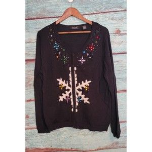 Crystal Kobe Sequin Beaded Snowflake Zip-Up Ugly Christmas Sweater XLarge #69377
